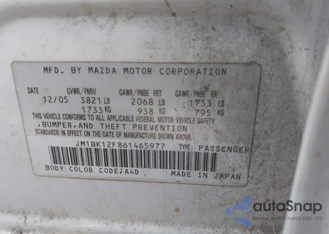 2006 Mazda Mazda3 I из США, поврежденный, VIN JM1BK12F861465977